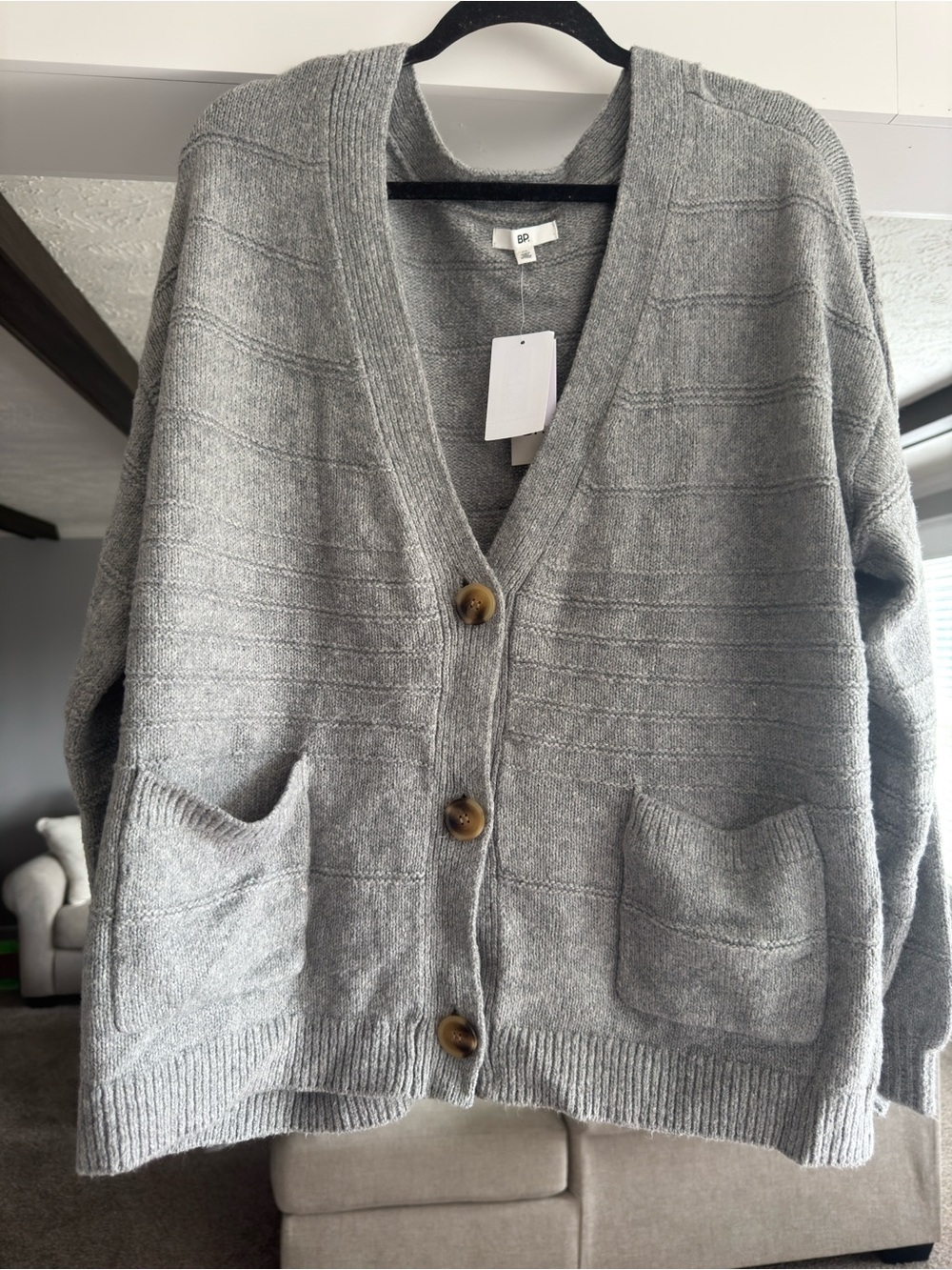 bp Gray Button-Front V-Neck Pocket Cardigan